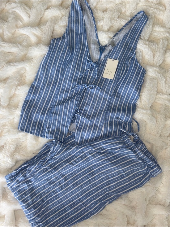 a new day Other - Blue Striped Women's linen Set - lace tank and pants